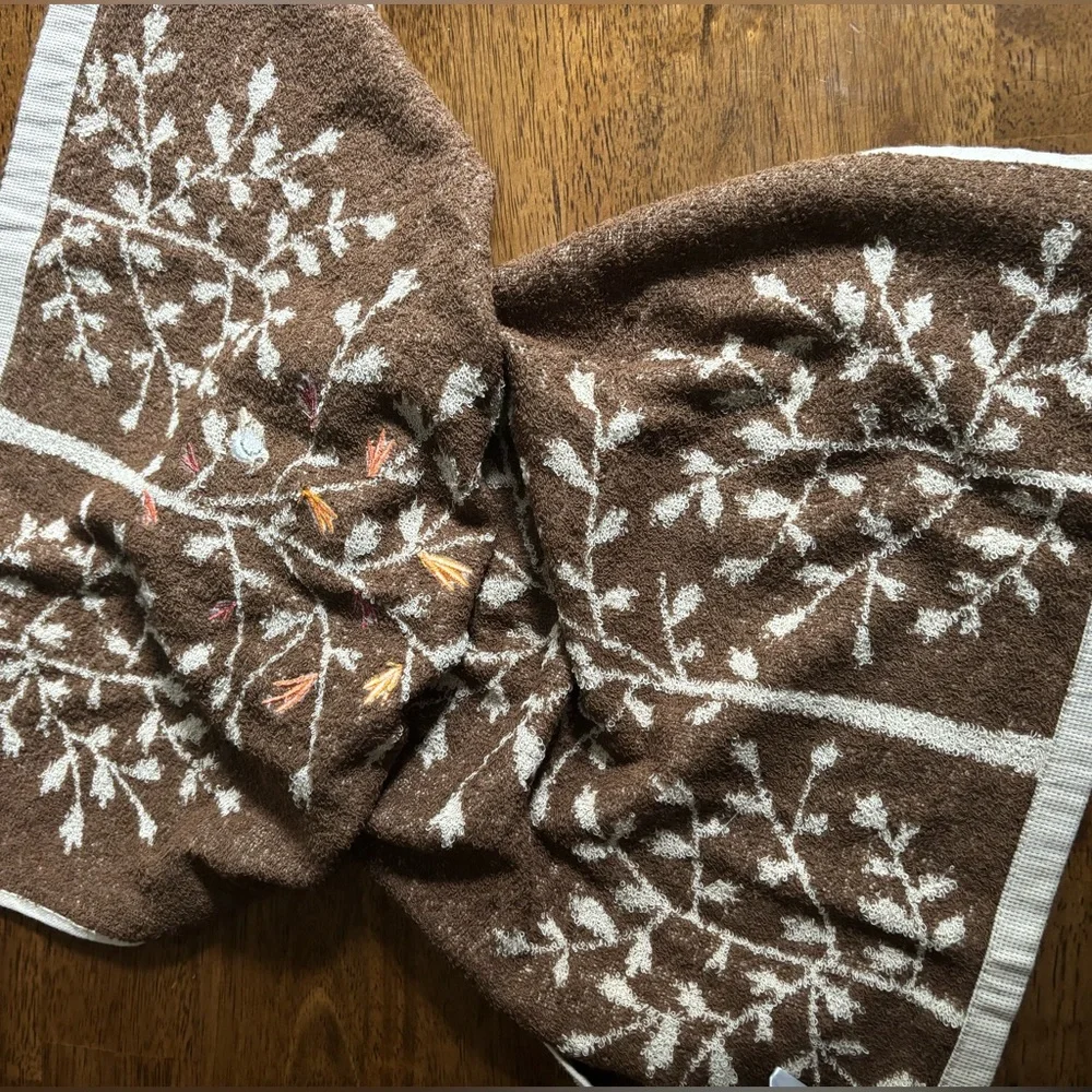 Hand crocheted fall tan/brown towel with embroidered leaves and bird